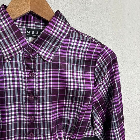 VTG Y2K Plaid Pop Punk Collared Top S Purple Button Up Avril Lavigne Skater - Picture 5 of 6